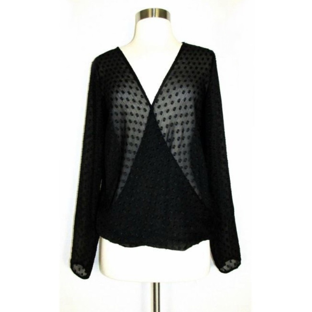 GUESS Blouse Top Black Sheer Textured Cross Over M
